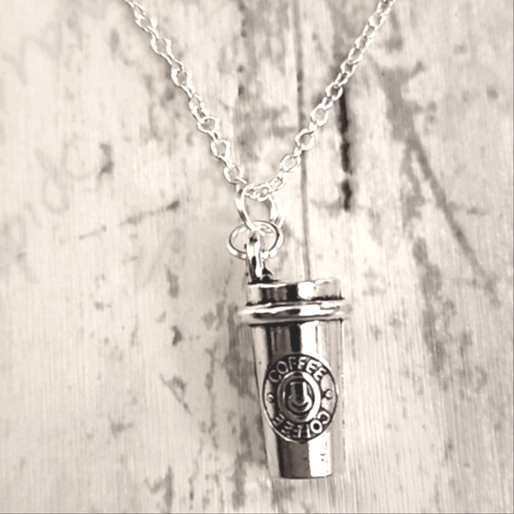 COFFEE Cup NECKLACE 925S Plated 18 inch Chain
